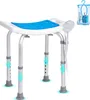 A shower stool with a blue seat and a handheld showerhead attached, shown on a white background. A small clear bag with toiletries is in the upper right corner. Podgląd zdjęcia produktu