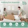 A couple is unpacking a rolled-up mattress from a large cardboard box, with instructional icons at the bottom. Produktbild-Vorschau