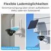 Split image showing two ways to power a security camera: with a rechargeable battery and with a solar panel. Produktbild-Vorschau