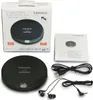 A product shot of a Lenco portable CD/MP3 player and its accessories, laid out with its packaging. Produktbild-Vorschau