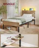 A bed with a wooden headboard and frame, featuring an attached shelf with a USB port and LED lighting. Below the bed, there are storage boxes and a robot vacuum. A detailed inset shows the shelf in more detail with measurements. Náhled obrázku produktu