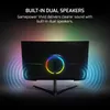 The back of a black monitor with a colorful ring light and sound wave graphics emanating from it. Produktbild-Vorschau