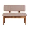 A studio shot of a beige upholstered bench with a wooden base and legs, presented against a white background. Náhľad obrázku produktu