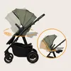 A green Lionelo Amber stroller is shown with animated arrows indicating movement and a circular inset showing a feature. Produktbild-Vorschau