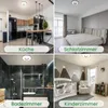 A collage of four different room settings (kitchen, bedroom, bathroom, nursery) each featuring a ceiling light. Produktbild-Vorschau