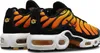 A pair of Nike Air Max Plus TN sneakers with a sunset orange and black gradient design, shown from a side-rear angle on a white background. Produktbild-Vorschau