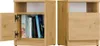 Two wooden nightstands are shown, one with its door open revealing books. Anteprima dell’immagine prodotto