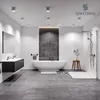 A modern, spacious bathroom with a freestanding bathtub, a vanity with a mirror, and a walk-in shower. Produktbild-Vorschau