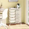 A white rolling cart with 15 drawers next to a desk and a white chair. Produktbild-Vorschau