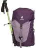 A purple Deuter backpack with a green trekking pole attached to the side. Produktbild-Vorschau