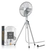 A silver Brandson stand fan with a tripod base is shown next to its packaging. Voir les images du produit