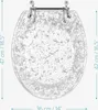 A top-down view of a transparent toilet seat with silver glitter embedded within it. Dimensions are indicated with measurement lines and text. Produktbild-Vorschau