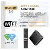 Marketing image showing a TV box, remote control, and feature callouts for Bluetooth and WiFi. Produktbild-Vorschau