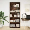 A tall, dark wood bookshelf filled with books and decorative items, next to a desk with a laptop and lamp. Produktbild-Vorschau