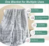 A soft, textured gray blanket is draped over a chair, with several circular graphics illustrating its multiple uses. Náhled obrázku produktu