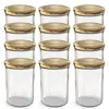 A collection of twelve clear glass jars with gold lids, arranged in three rows of four. Voir les images du produit