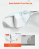 Close-up of a bidet attachment on a toilet seat, with inset images comparing features. Produktbild-Vorschau