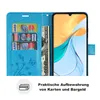 A blue flip case for a smartphone, showing credit cards and cash inside. Produktbild-Vorschau