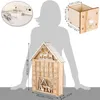 A silhouette of a person is shown next to a wooden advent calendar with LED lights, with close-up shots of the calendar and its components. Náhled obrázku produktu