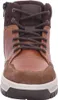 A close-up, front-facing view of a brown leather and suede bootie. Anteprima dell’immagine prodotto