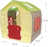 A plastic playhouse for children, shown from the front with dimensions indicated. Produktbild-Vorschau