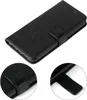 A black floral embossed flip cover case for a smartphone, shown from a slightly elevated angle. Produktbild-Vorschau