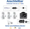 Diagrams showing how to connect light sets and a close-up of the power adapter. Produktbild-Vorschau