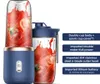 A blue portable blender with two cups filled with tomatoes and juice, next to a list of product features. Podgląd zdjęcia produktu