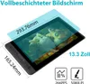 A graphic tablet with a screen displaying artwork, with dimensions and features indicated by text overlays. Produktbild-Vorschau