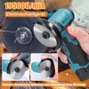 A hand holding a mini angle grinder with sparks flying from the cutting disc, with inset images showing how to adjust the guard. Produktbild-Vorschau