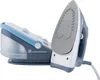 A steam ironing station with the iron placed beside its base. Voir les images du produit