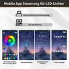 This image displays screenshots of a mobile app used to control LED lights, showcasing features like color selection, microphone function, music control, and timer settings. It also includes icons for USB power supply and QR code download. Produktbild-Vorschau