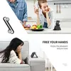 Collage showing a phone stand in use in a kitchen and on a couch, with text overlays. Voir les images du produit