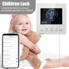 A child holding a teddy bear next to a smart thermostat and a smartphone displaying settings. Podgląd zdjęcia produktu