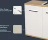A close-up view of a white bathroom cabinet with a wood-tone countertop and silver handles, accompanied by text and inset images highlighting design and material features. Produktbild-Vorschau