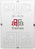 A product image of a frameless picture holder with branding and size information. Produktbild-Vorschau
