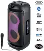 A black portable speaker with colorful LED lights and a microphone next to it, with feature icons on the right side. Produktbild-Vorschau