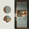 A tall cabinet with green doors and wood-tone accents, displayed in a bathroom setting. Produktbild-Vorschau