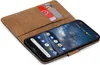 A brown book-style phone case is open, revealing a smartphone with a starry night wallpaper. Two credit cards are tucked into a slot on the inside cover of the case. Náhled obrázku produktu