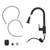 A black kitchen faucet with pull-down sprayer and two flexible hoses, along with some small accessory parts, are laid out against a white background. Náhled obrázku produktu