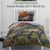 A child's bed with dinosaur-themed bedding, including a duvet cover and pillowcase, set against a white headboard and wall. Produktbild-Vorschau