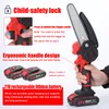 A hand holding a small electric chainsaw with text overlays describing its features. Náhľad obrázku produktu