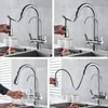 Collage of four images showing a kitchen faucet with a pull-out spray and a separate filtered water spout, demonstrating its use in different scenarios. Náhled obrázku produktu