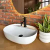 A modern bathroom sink with a black faucet, set against a brick wall and a wooden countertop. A snake plant in a white pot adds a touch of greenery. Náhled obrázku produktu