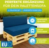 A blue cushion set on a wooden pallet sofa base, with green foliage in the background. Produktbild-Vorschau