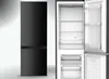 A black refrigerator, shown both closed from the front and open from the side. Produktbild-Vorschau