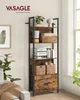 A tall, narrow bookshelf with a rustic wood finish and black metal frame stands in a room next to a window. Náhled obrázku produktu