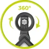 A close-up marketing image of a black phone holder with green arrows indicating 360-degree rotation. Produktbild-Vorschau