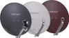 Three satellite dishes of different colors arranged in a row against a white background. Produktbild-Vorschau