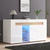 A modern white and wood-effect sideboard with blue LED lighting, displayed in a living room setting. Voir les images du produit